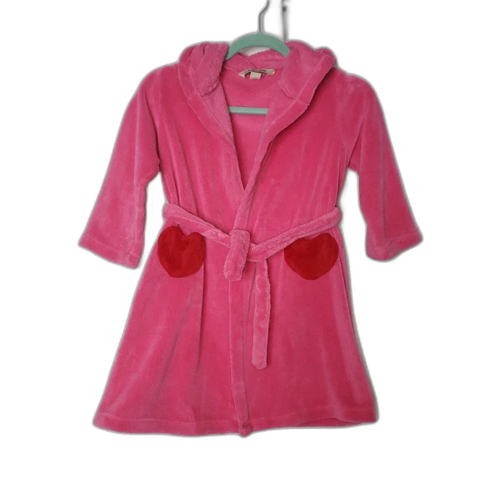 Lands End Pink Hooded Bathrobe Robe with Heart Pockets Girls Size 4